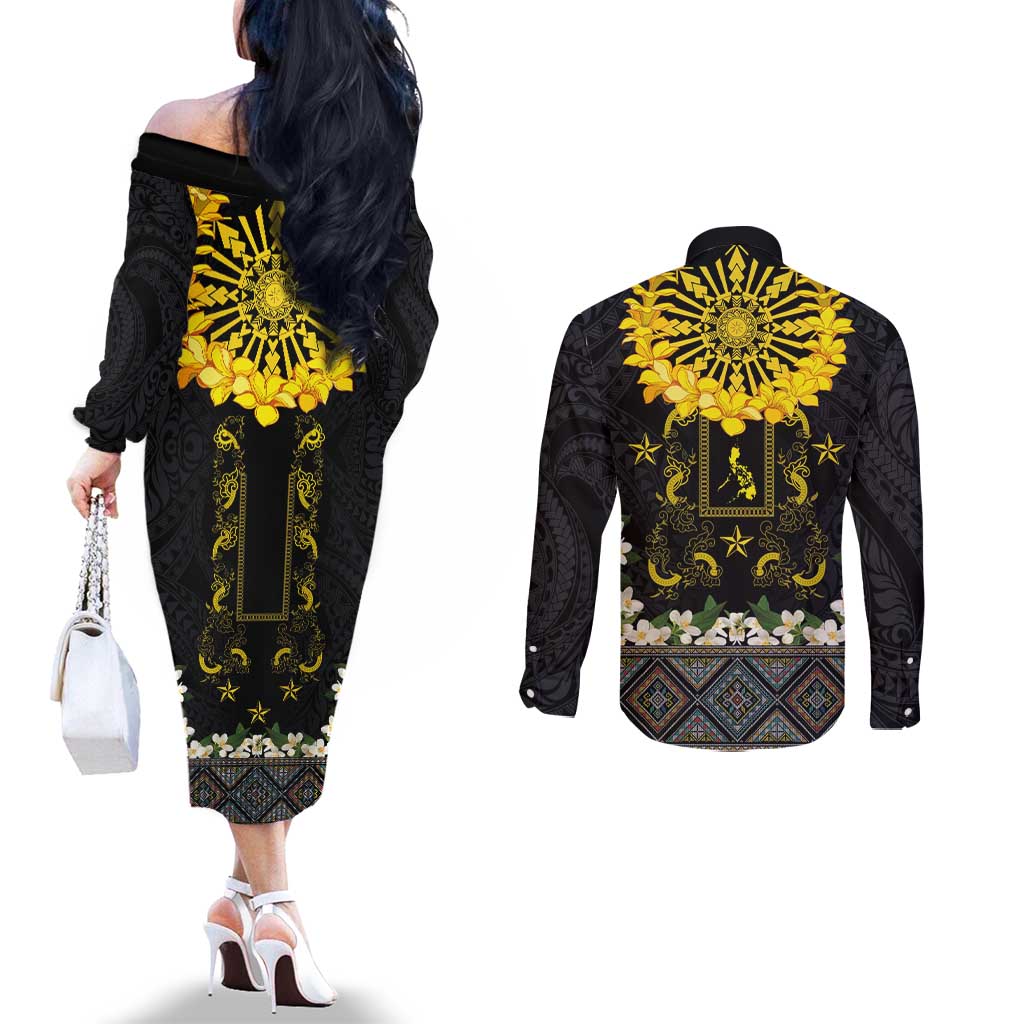 Flores de Mayo and Filipino Fiesta Couples Matching Off The Shoulder Long Sleeve Dress and Long Sleeve Button Shirt The Sun-Jasmine and Polynesian Yakan Tattoo Barong Style LT03 - Polynesian Pride