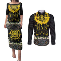 Flores de Mayo and Filipino Fiesta Couples Matching Puletasi and Long Sleeve Button Shirt The Sun-Jasmine and Polynesian Yakan Tattoo Barong Style LT03 Black - Polynesian Pride