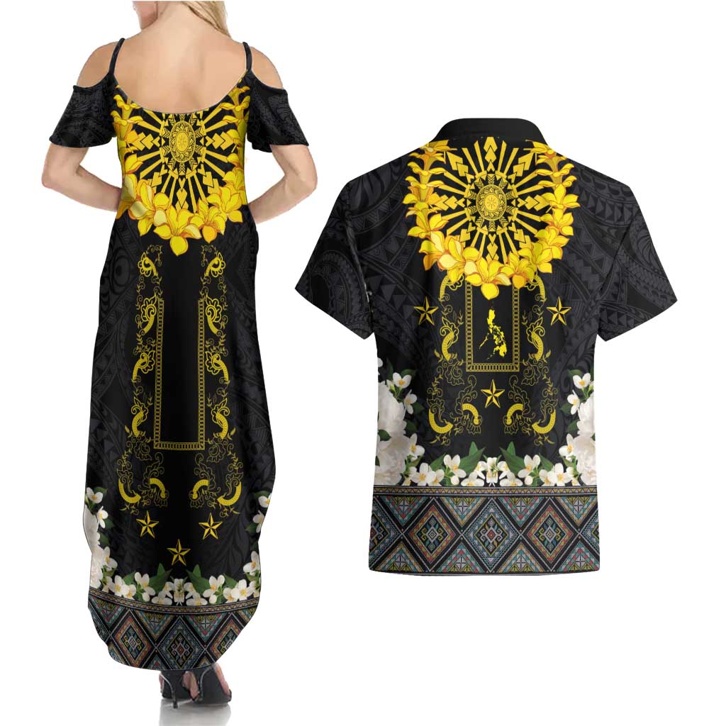 Flores de Mayo and Filipino Fiesta Couples Matching Summer Maxi Dress and Hawaiian Shirt The Sun-Jasmine and Polynesian Yakan Tattoo Barong Style LT03 - Polynesian Pride