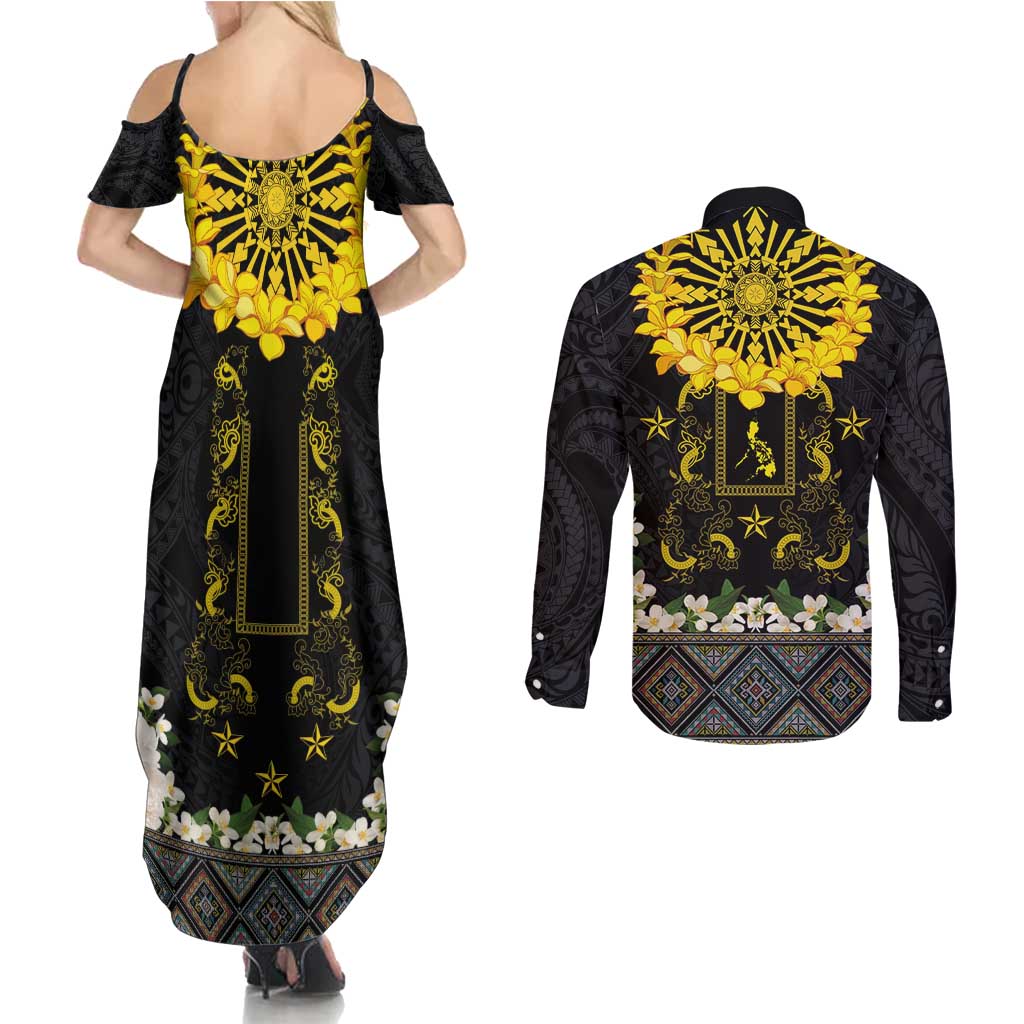 Flores de Mayo and Filipino Fiesta Couples Matching Summer Maxi Dress and Long Sleeve Button Shirt The Sun-Jasmine and Polynesian Yakan Tattoo Barong Style LT03 - Polynesian Pride