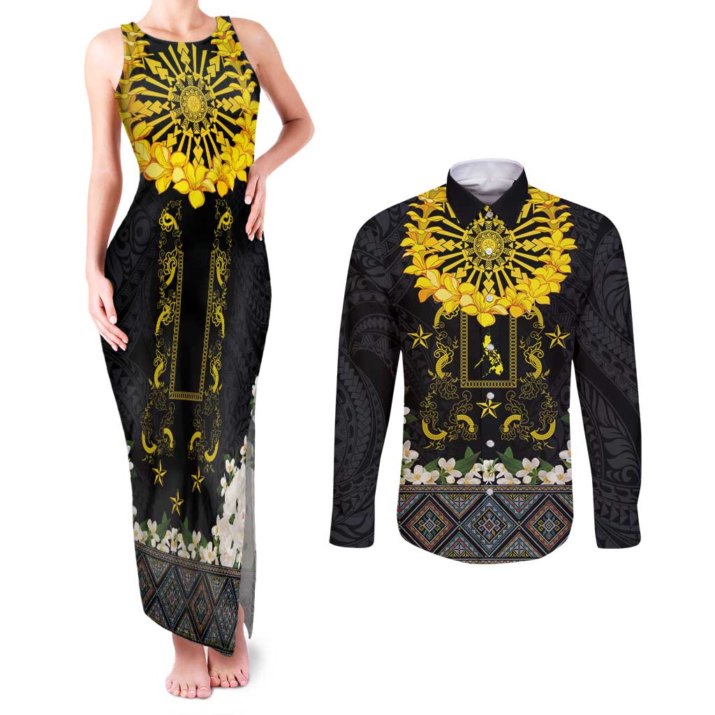 Flores de Mayo and Filipino Fiesta Couples Matching Tank Maxi Dress and Long Sleeve Button Shirt The Sun-Jasmine and Polynesian Yakan Tattoo Barong Style LT03 Black - Polynesian Pride