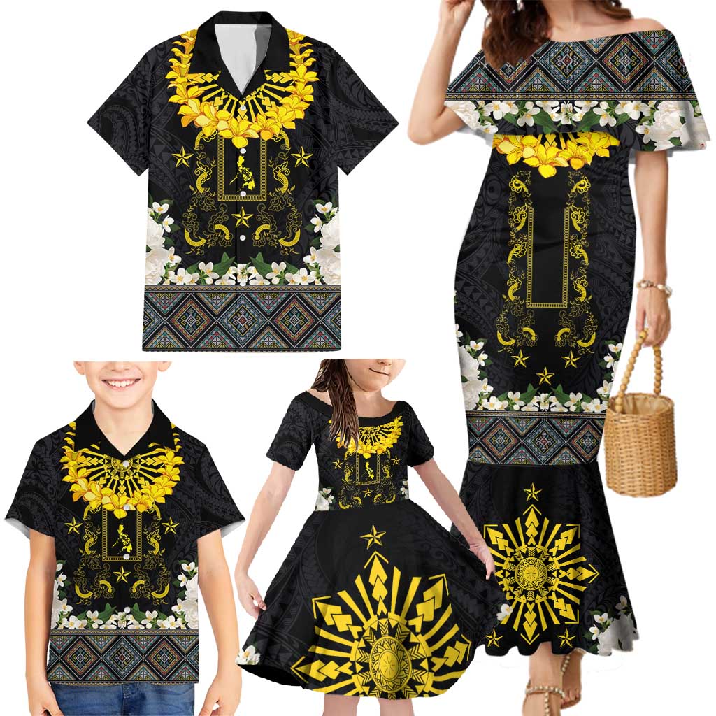 Flores de Mayo and Filipino Fiesta Family Matching Mermaid Dress and Hawaiian Shirt The Sun-Jasmine and Polynesian Yakan Tattoo Barong Style LT03 - Polynesian Pride