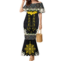 Flores de Mayo and Filipino Fiesta Family Matching Mermaid Dress and Hawaiian Shirt The Sun-Jasmine and Polynesian Yakan Tattoo Barong Style LT03 Mom's Dress Black - Polynesian Pride