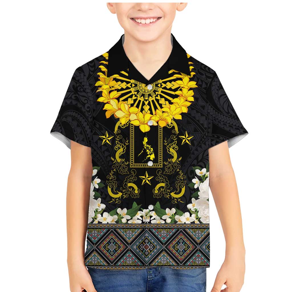 Flores de Mayo and Filipino Fiesta Family Matching Mermaid Dress and Hawaiian Shirt The Sun-Jasmine and Polynesian Yakan Tattoo Barong Style LT03 Son's Shirt Black - Polynesian Pride