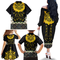 Flores de Mayo and Filipino Fiesta Family Matching Off The Shoulder Long Sleeve Dress and Hawaiian Shirt The Sun-Jasmine and Polynesian Yakan Tattoo Barong Style LT03 - Polynesian Pride