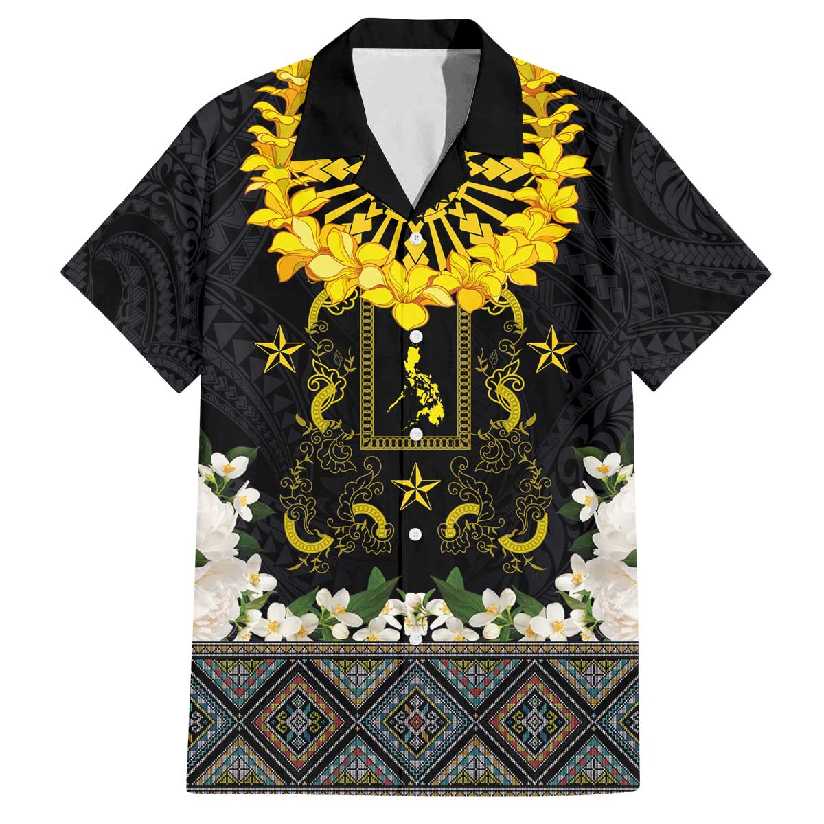 Flores de Mayo and Filipino Fiesta Family Matching Off The Shoulder Long Sleeve Dress and Hawaiian Shirt The Sun-Jasmine and Polynesian Yakan Tattoo Barong Style LT03 Dad's Shirt - Short Sleeve Black - Polynesian Pride