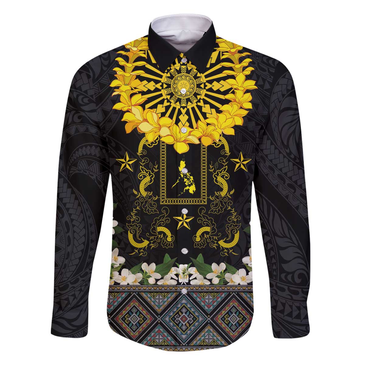 Flores de Mayo and Filipino Fiesta Family Matching Off The Shoulder Long Sleeve Dress and Hawaiian Shirt The Sun-Jasmine and Polynesian Yakan Tattoo Barong Style LT03 Dad's Shirt - Long Sleeve Black - Polynesian Pride