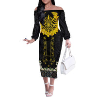 Flores de Mayo and Filipino Fiesta Family Matching Off The Shoulder Long Sleeve Dress and Hawaiian Shirt The Sun-Jasmine and Polynesian Yakan Tattoo Barong Style LT03 Mom's Dress Black - Polynesian Pride