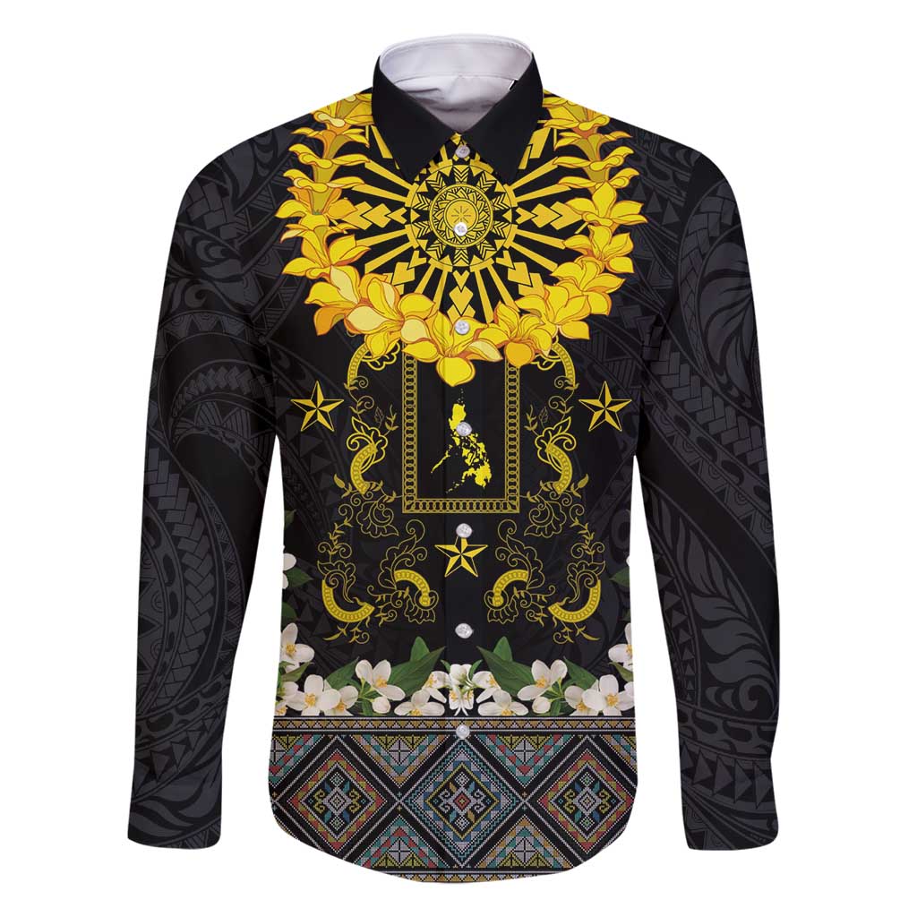 Flores de Mayo and Filipino Fiesta Family Matching Off Shoulder Maxi Dress and Hawaiian Shirt The Sun-Jasmine and Polynesian Yakan Tattoo Barong Style LT03 Dad's Shirt - Long Sleeve Black - Polynesian Pride