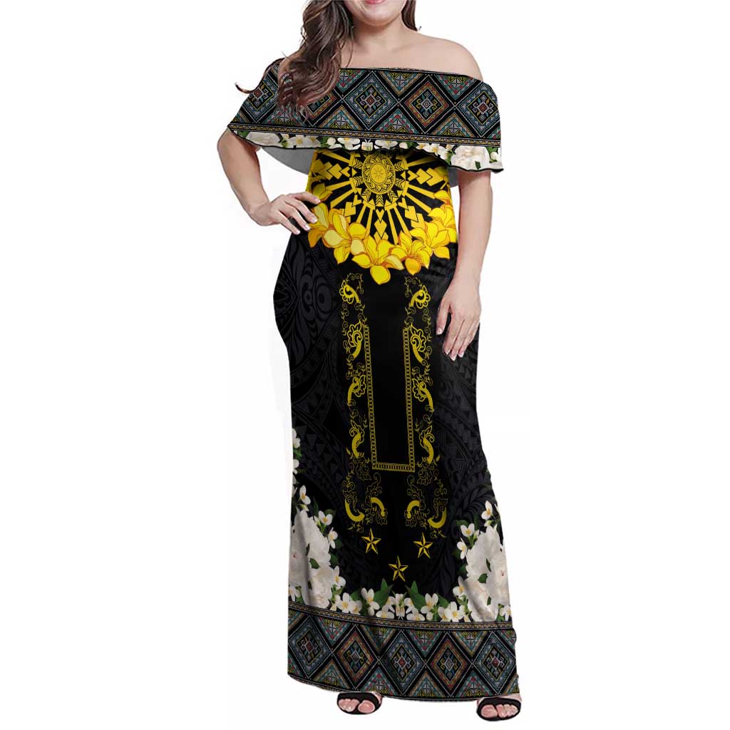 Flores de Mayo and Filipino Fiesta Family Matching Off Shoulder Maxi Dress and Hawaiian Shirt The Sun-Jasmine and Polynesian Yakan Tattoo Barong Style LT03 Mom's Dress Black - Polynesian Pride