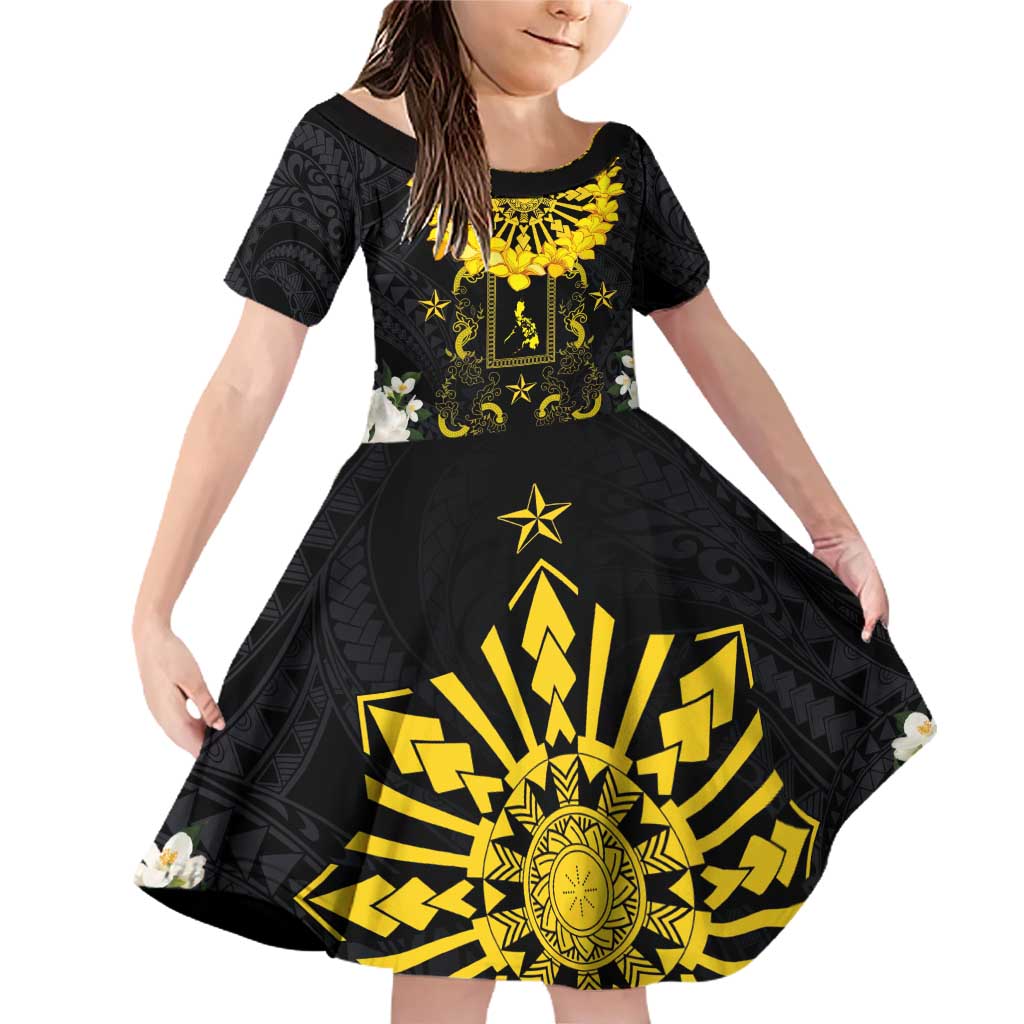 Flores de Mayo and Filipino Fiesta Family Matching Off Shoulder Short Dress and Hawaiian Shirt The Sun-Jasmine and Polynesian Yakan Tattoo Barong Style LT03 Daughter's Dress Black - Polynesian Pride