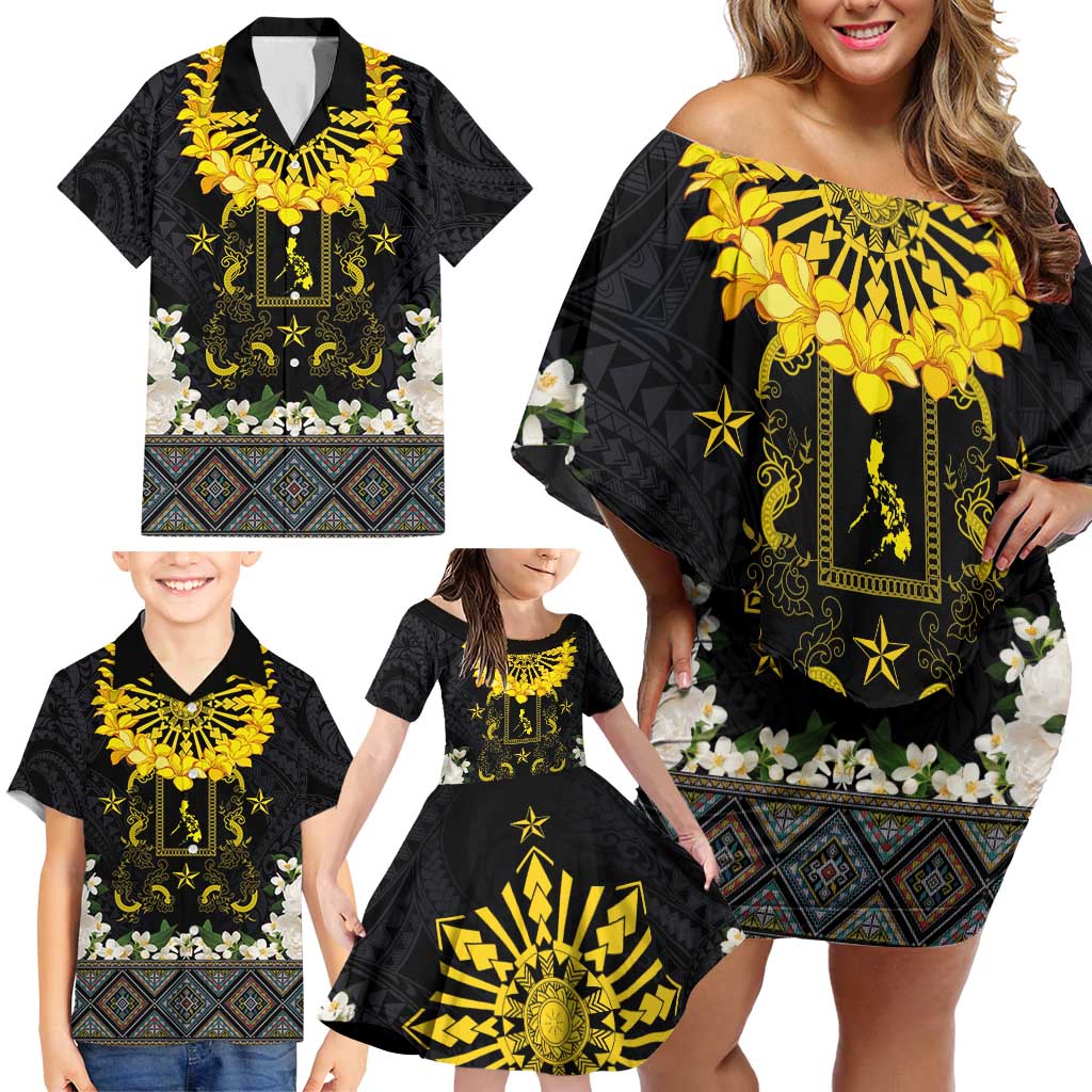 Flores de Mayo and Filipino Fiesta Family Matching Off Shoulder Short Dress and Hawaiian Shirt The Sun-Jasmine and Polynesian Yakan Tattoo Barong Style LT03 - Polynesian Pride