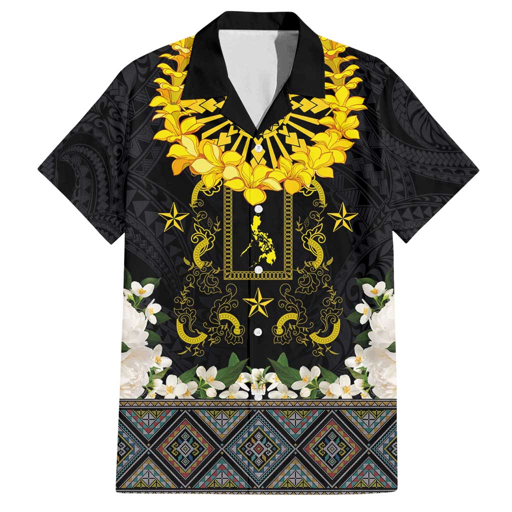 Flores de Mayo and Filipino Fiesta Family Matching Off Shoulder Short Dress and Hawaiian Shirt The Sun-Jasmine and Polynesian Yakan Tattoo Barong Style LT03 Dad's Shirt - Short Sleeve Black - Polynesian Pride