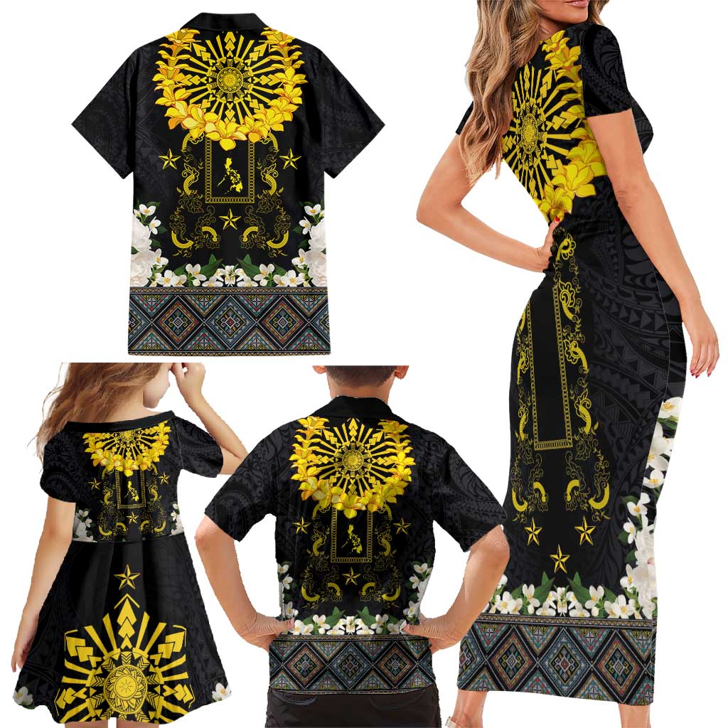 Flores de Mayo and Filipino Fiesta Family Matching Short Sleeve Bodycon Dress and Hawaiian Shirt The Sun-Jasmine and Polynesian Yakan Tattoo Barong Style LT03 - Polynesian Pride