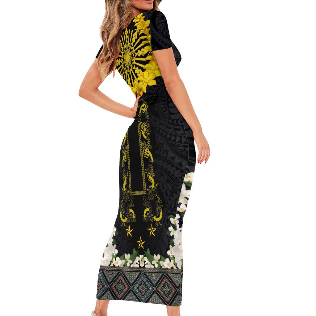 Flores de Mayo and Filipino Fiesta Family Matching Short Sleeve Bodycon Dress and Hawaiian Shirt The Sun-Jasmine and Polynesian Yakan Tattoo Barong Style LT03 - Polynesian Pride