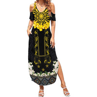 Flores de Mayo and Filipino Fiesta Family Matching Summer Maxi Dress and Hawaiian Shirt The Sun-Jasmine and Polynesian Yakan Tattoo Barong Style LT03 Mom's Dress Black - Polynesian Pride