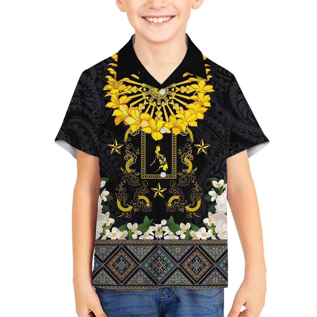 Flores de Mayo and Filipino Fiesta Family Matching Summer Maxi Dress and Hawaiian Shirt The Sun-Jasmine and Polynesian Yakan Tattoo Barong Style LT03 Son's Shirt Black - Polynesian Pride