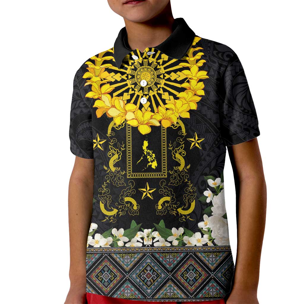 Flores de Mayo and Filipino Fiesta Kid Polo Shirt The Sun-Jasmine and Polynesian Yakan Tattoo Barong Style LT03 Kid Black - Polynesian Pride