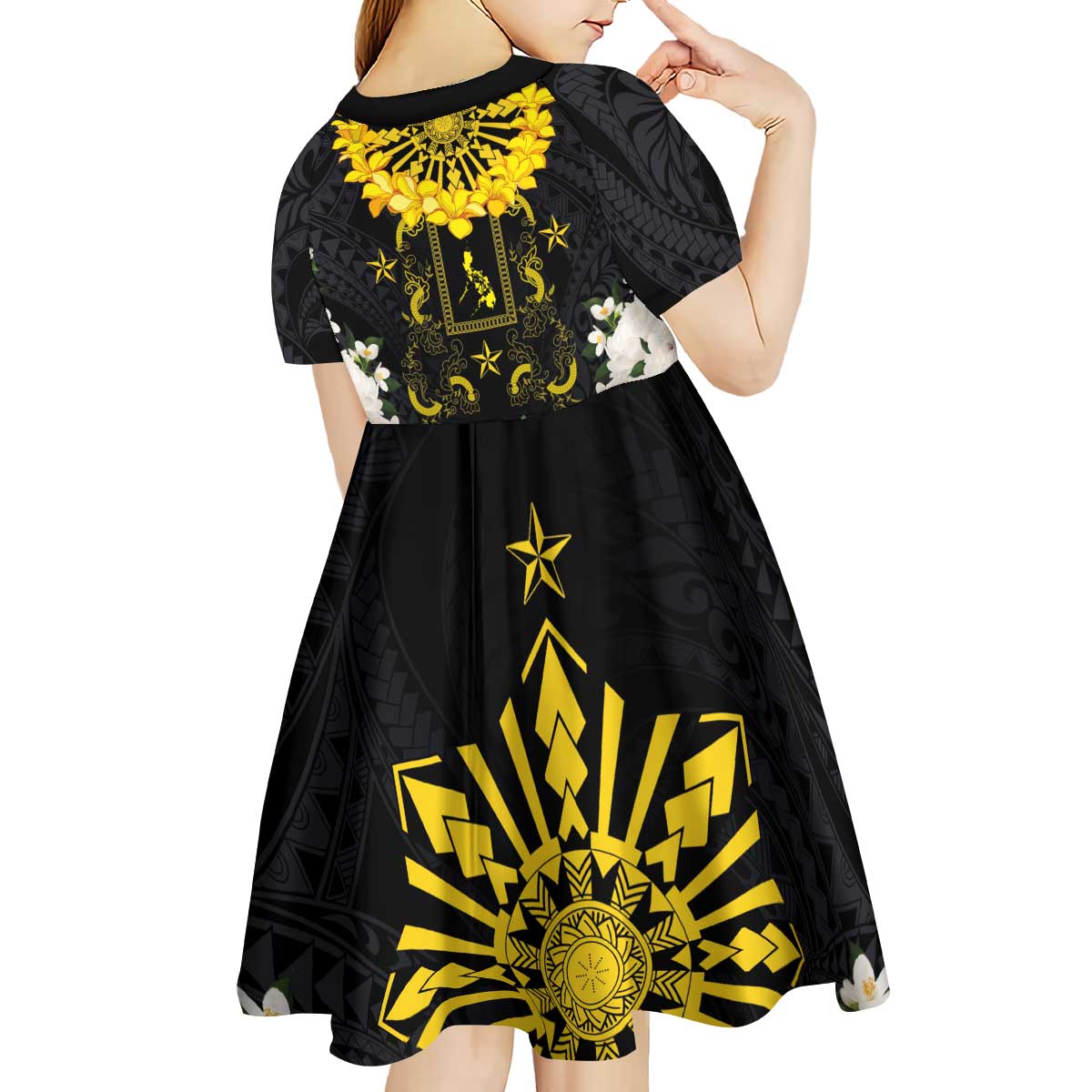 Flores de Mayo and Filipino Fiesta Kid Short Sleeve Dress The Sun-Jasmine and Polynesian Yakan Tattoo Barong Style LT03 - Polynesian Pride