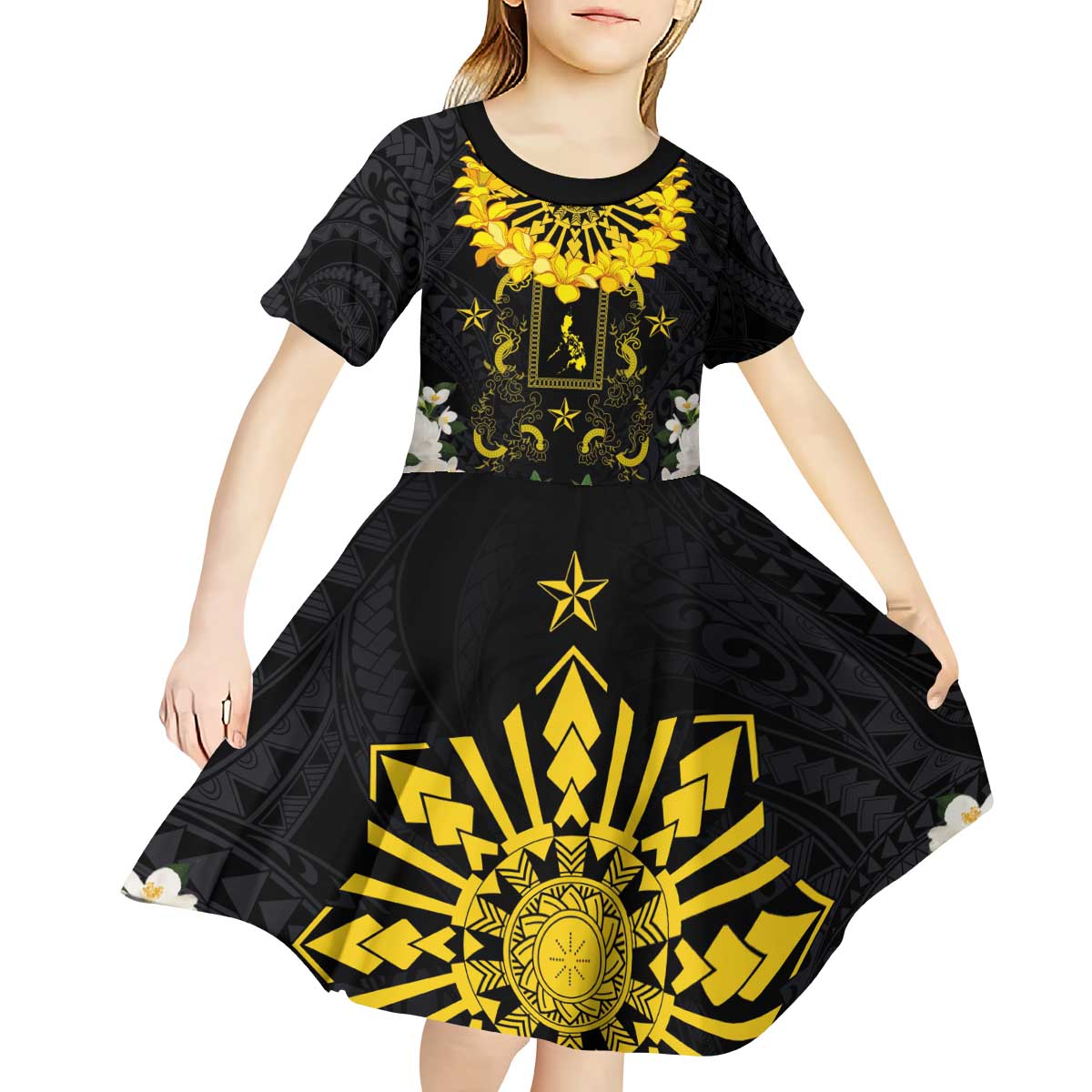 Flores de Mayo and Filipino Fiesta Kid Short Sleeve Dress The Sun-Jasmine and Polynesian Yakan Tattoo Barong Style LT03 - Polynesian Pride