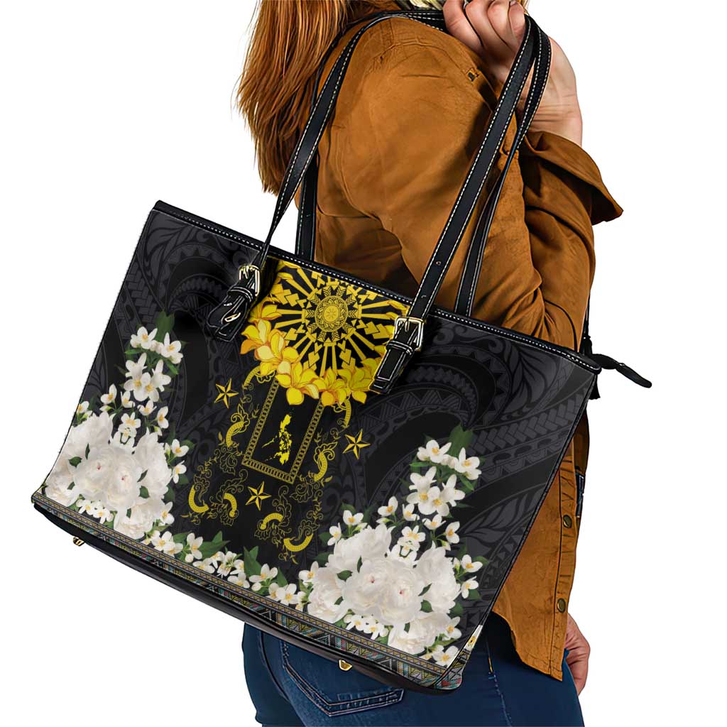 Flores de Mayo and Filipino Fiesta Leather Tote Bag The Sun-Jasmine and Polynesian Yakan Tattoo Barong Style LT03 - Polynesian Pride