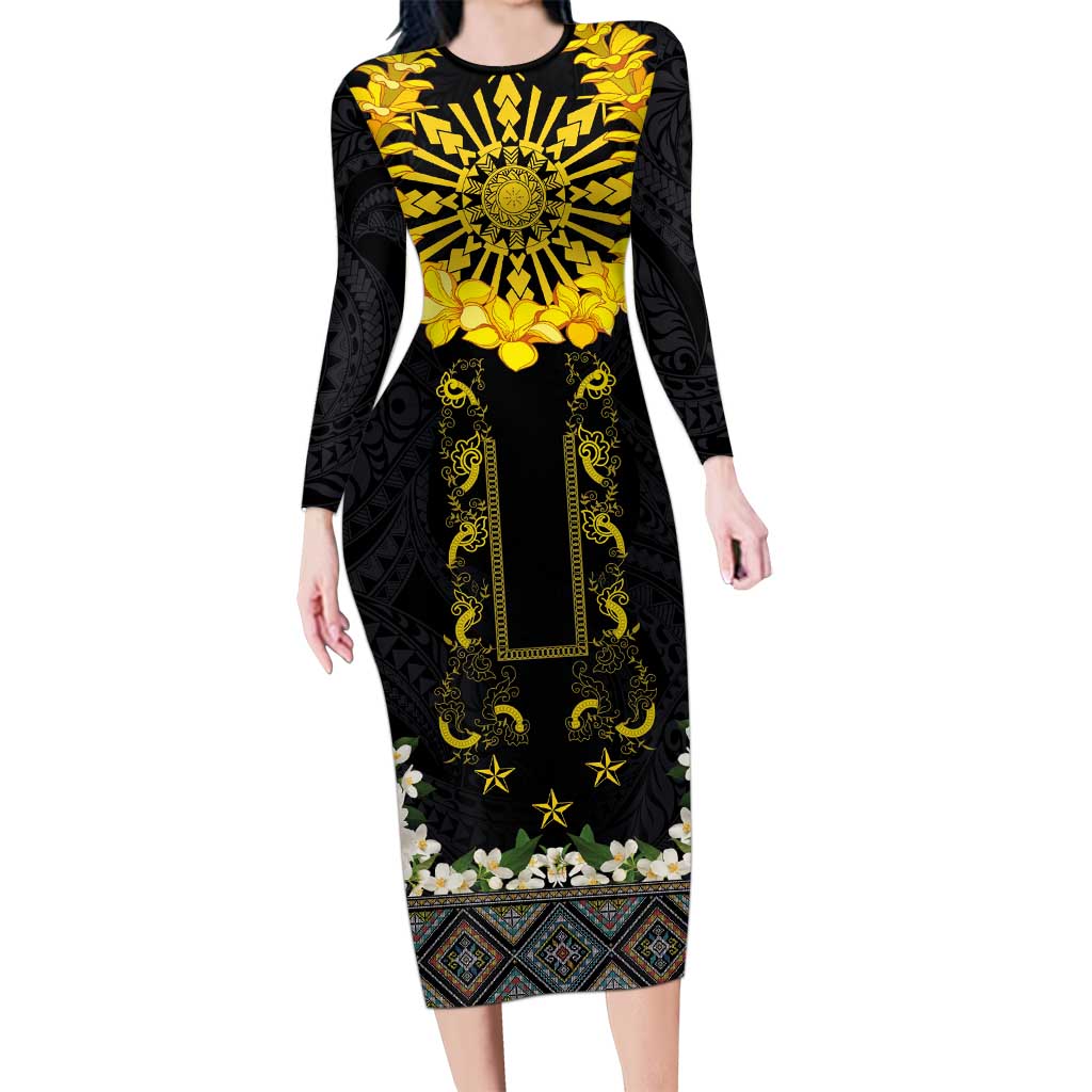 Flores de Mayo and Filipino Fiesta Long Sleeve Bodycon Dress The Sun-Jasmine and Polynesian Yakan Tattoo Barong Style LT03 Long Dress Black - Polynesian Pride