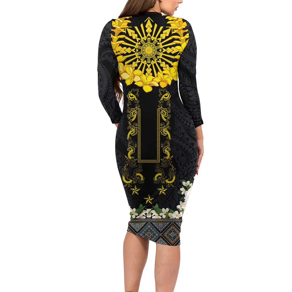 Flores de Mayo and Filipino Fiesta Long Sleeve Bodycon Dress The Sun-Jasmine and Polynesian Yakan Tattoo Barong Style LT03 - Polynesian Pride