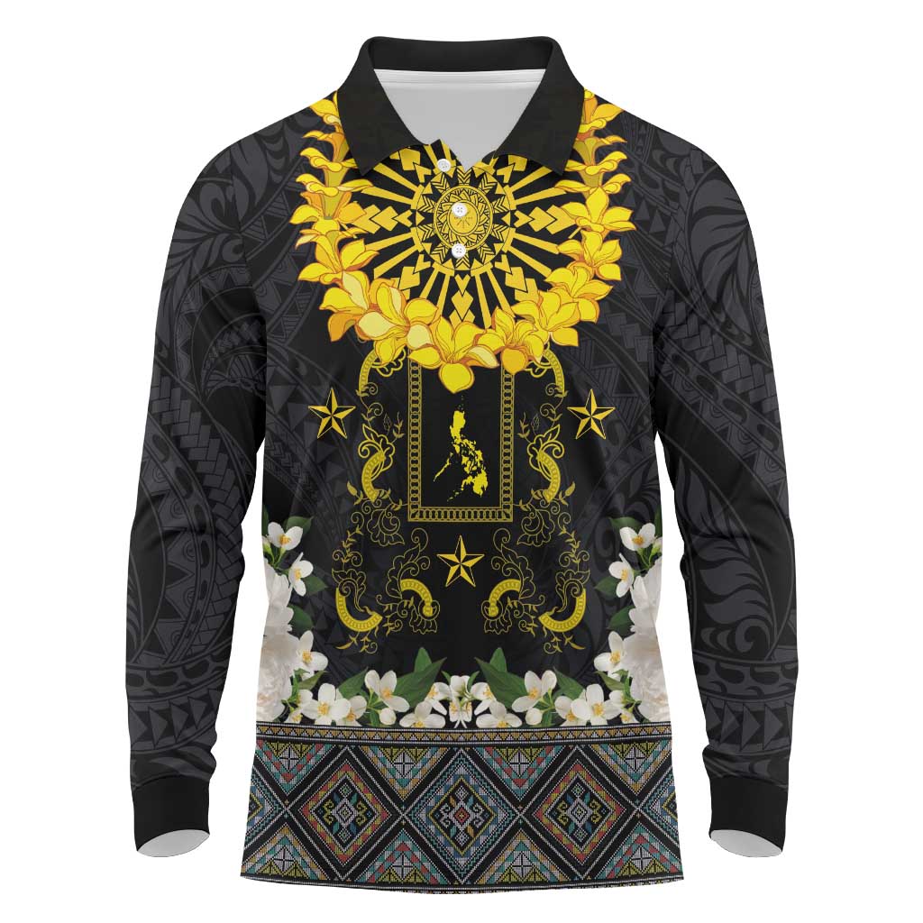 Flores de Mayo and Filipino Fiesta Long Sleeve Polo Shirt The Sun-Jasmine and Polynesian Yakan Tattoo Barong Style LT03 Black - Polynesian Pride
