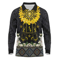 Flores de Mayo and Filipino Fiesta Long Sleeve Polo Shirt The Sun-Jasmine and Polynesian Yakan Tattoo Barong Style LT03 Black - Polynesian Pride