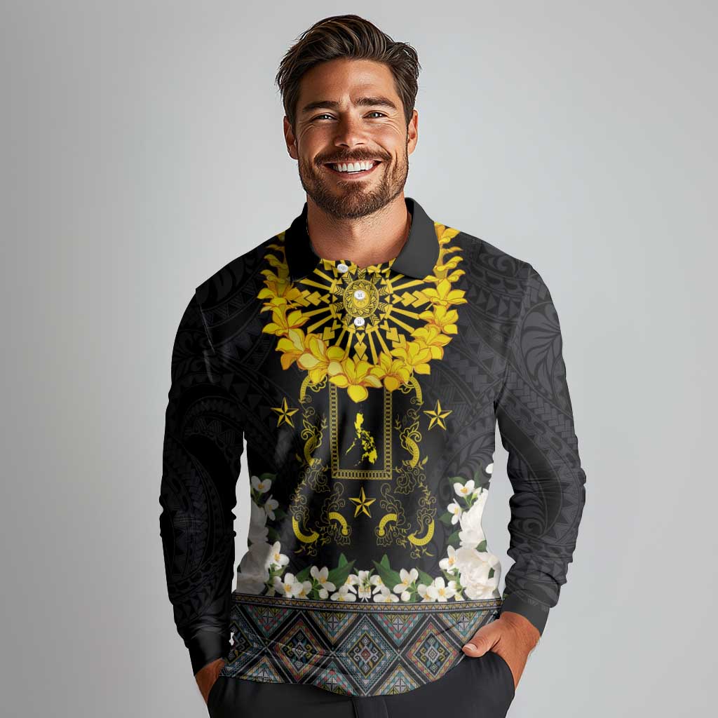 Flores de Mayo and Filipino Fiesta Long Sleeve Polo Shirt The Sun-Jasmine and Polynesian Yakan Tattoo Barong Style LT03 - Polynesian Pride