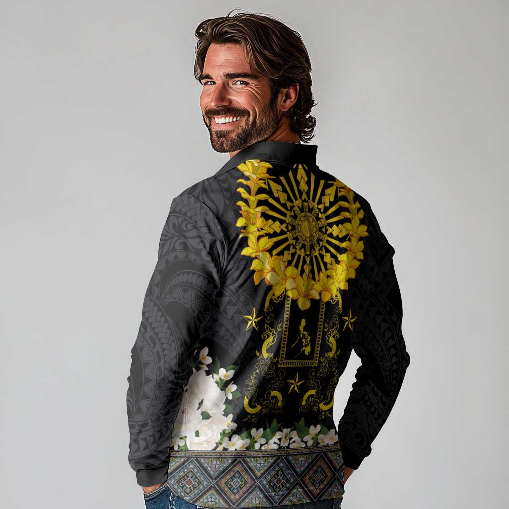 Flores de Mayo and Filipino Fiesta Long Sleeve Polo Shirt The Sun-Jasmine and Polynesian Yakan Tattoo Barong Style LT03 - Polynesian Pride