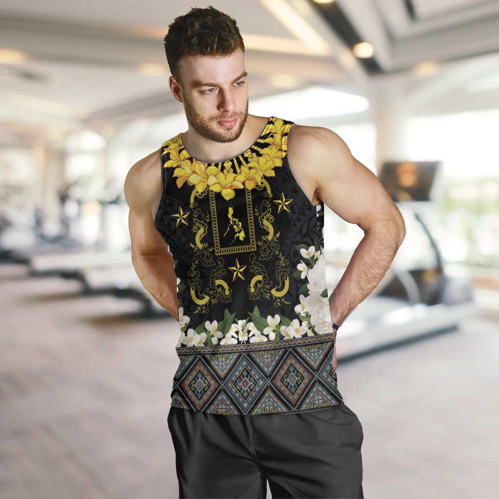 Flores de Mayo and Filipino Fiesta Men Tank Top The Sun-Jasmine and Polynesian Yakan Tattoo Barong Style LT03 Black - Polynesian Pride