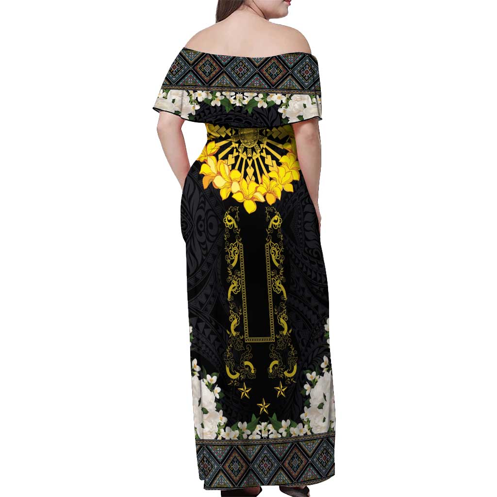 Flores de Mayo and Filipino Fiesta Off Shoulder Maxi Dress The Sun-Jasmine and Polynesian Yakan Tattoo Barong Style LT03 - Polynesian Pride