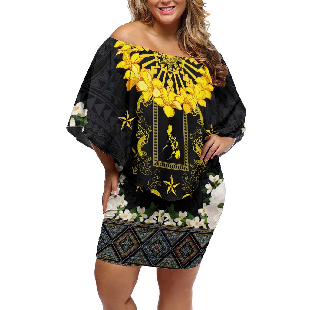 Flores de Mayo and Filipino Fiesta Off Shoulder Short Dress The Sun-Jasmine and Polynesian Yakan Tattoo Barong Style