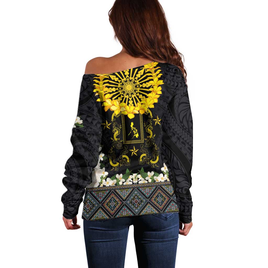 Flores de Mayo and Filipino Fiesta Off Shoulder Sweater The Sun-Jasmine and Polynesian Yakan Tattoo Barong Style LT03 - Polynesian Pride