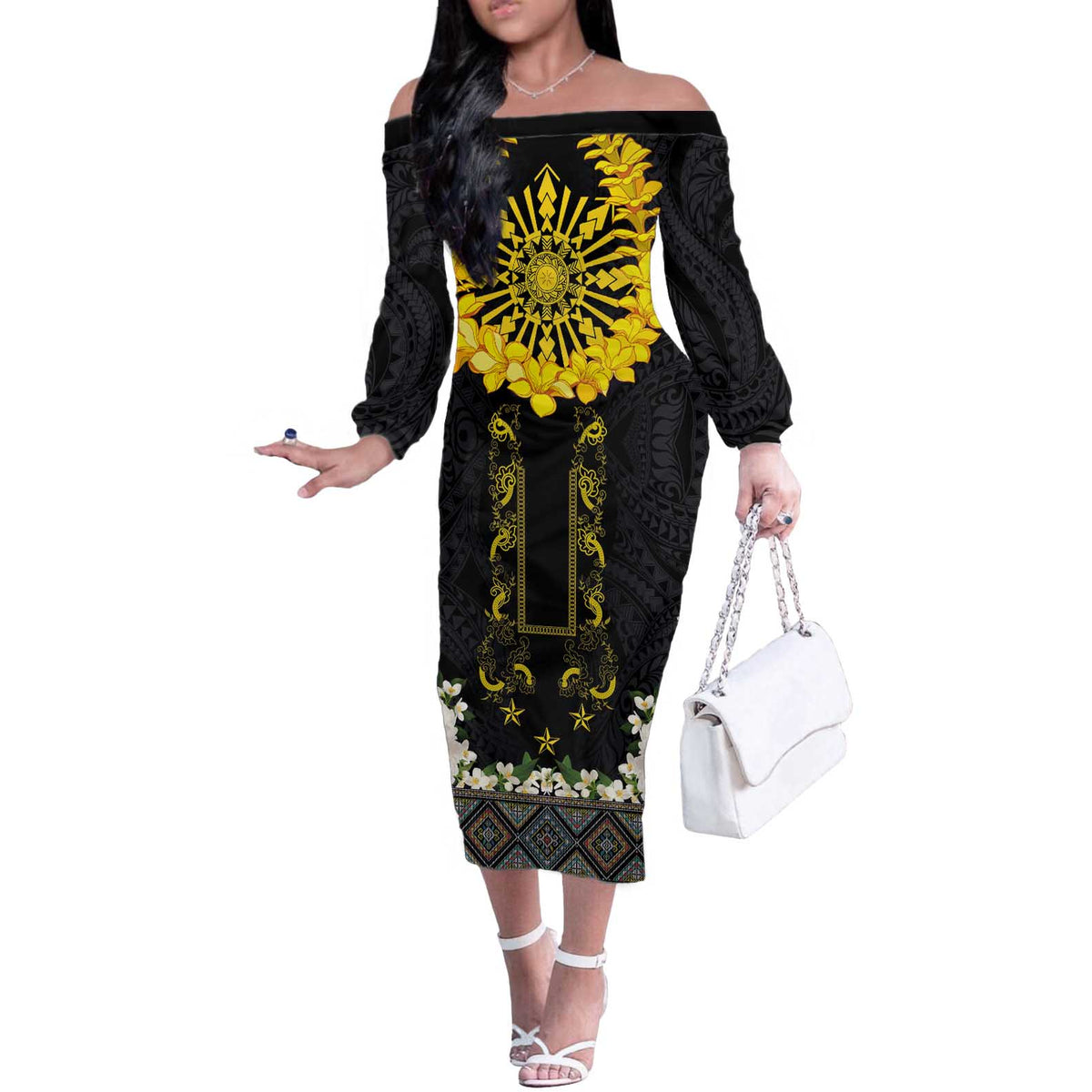 Flores de Mayo and Filipino Fiesta Off The Shoulder Long Sleeve Dress The Sun-Jasmine and Polynesian Yakan Tattoo Barong Style LT03 Women Black - Polynesian Pride