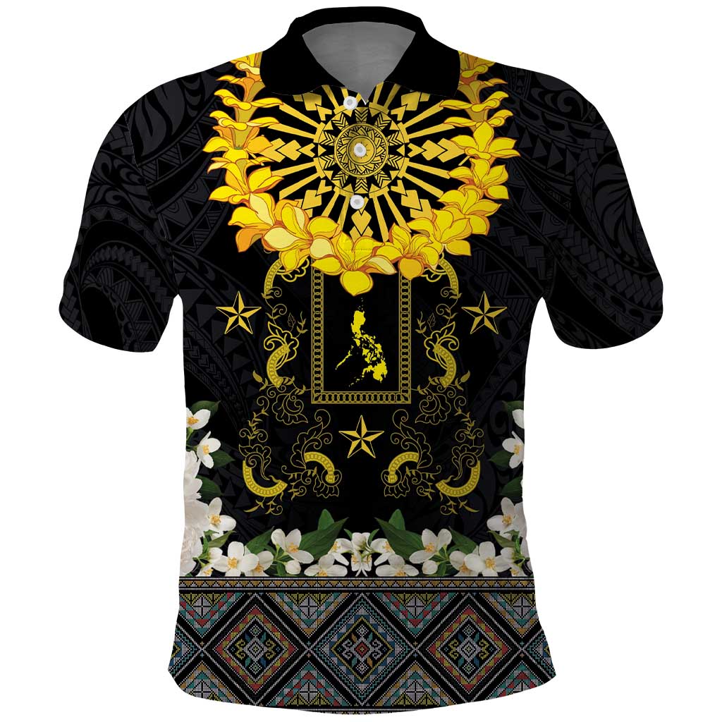 Flores de Mayo and Filipino Fiesta Polo Shirt The Sun-Jasmine and Polynesian Yakan Tattoo Barong Style LT03 Black - Polynesian Pride