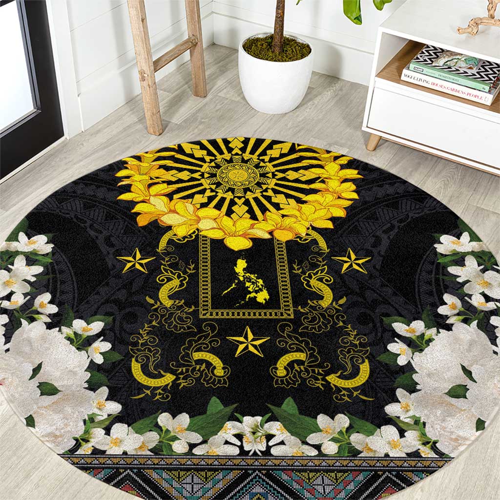 Flores de Mayo and Filipino Fiesta Round Carpet The Sun-Jasmine and Polynesian Yakan Tattoo Barong Style LT03 Black - Polynesian Pride