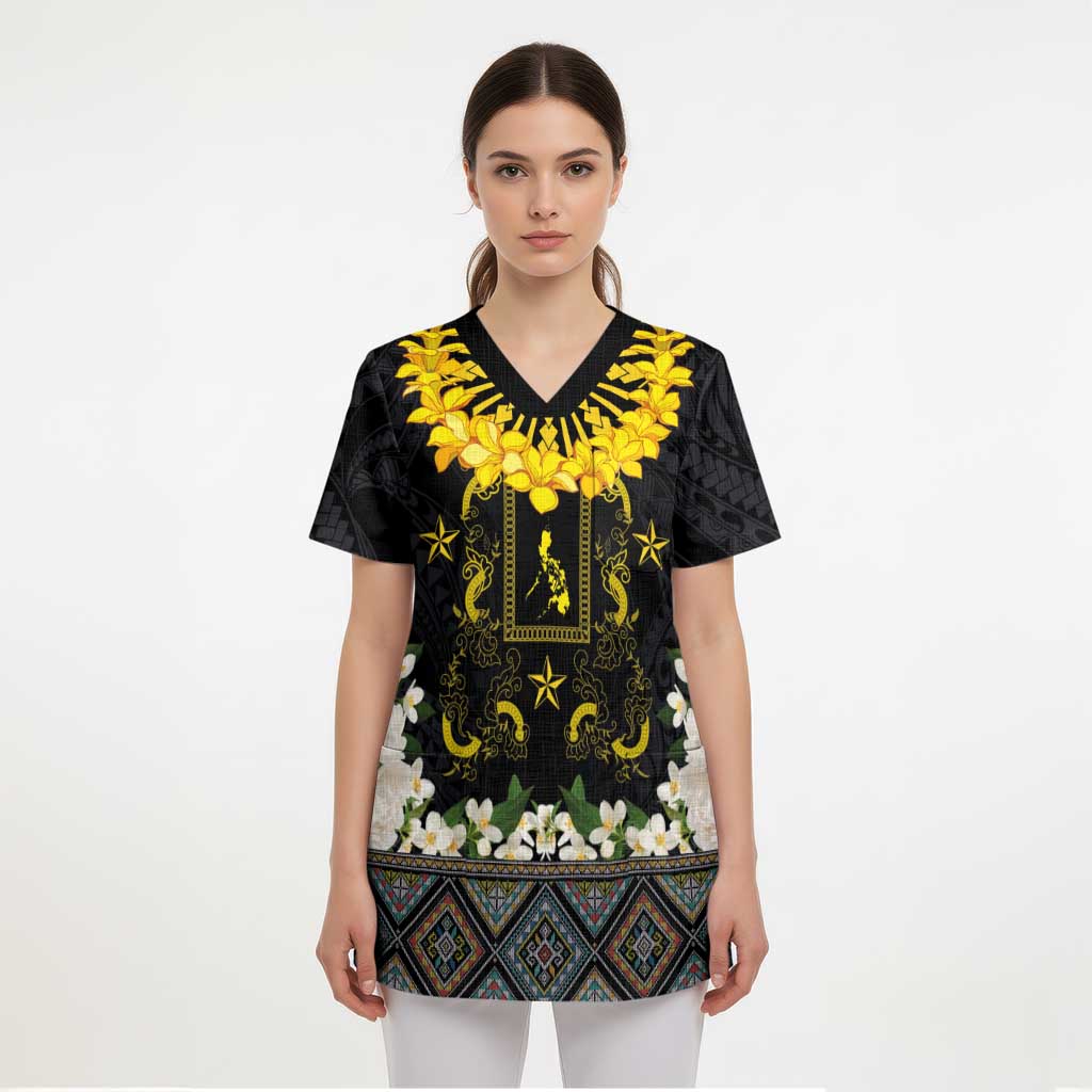 Flores de Mayo and Filipino Fiesta Scrub Top The Sun-Jasmine and Polynesian Yakan Tattoo Barong Style LT03 - Polynesian Pride