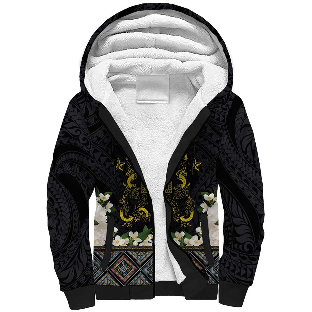 Flores de Mayo and Filipino Fiesta Sherpa Hoodie The Sun-Jasmine and Polynesian Yakan Tattoo Barong Style LT03 Unisex Black - Polynesian Pride