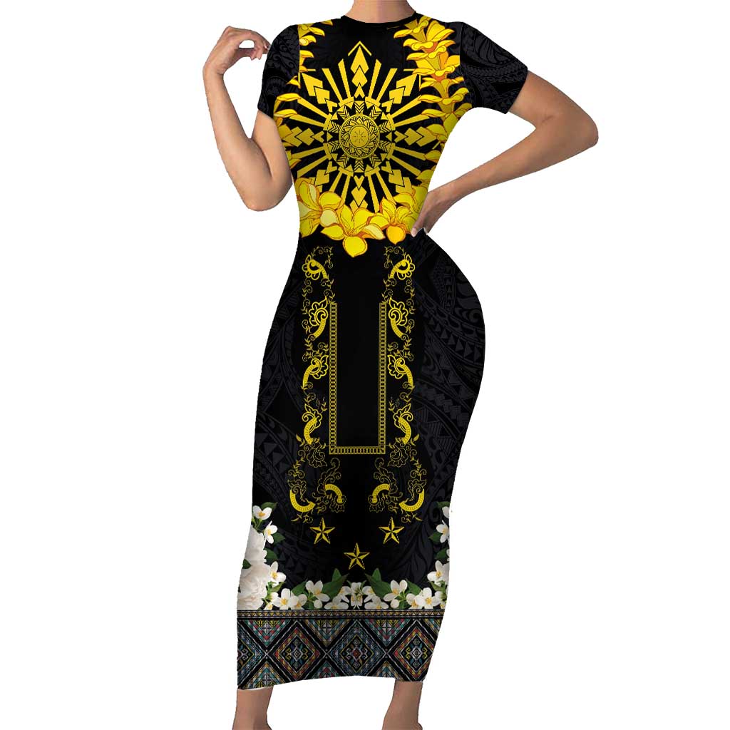 Flores de Mayo and Filipino Fiesta Short Sleeve Bodycon Dress The Sun-Jasmine and Polynesian Yakan Tattoo Barong Style LT03 Long Dress Black - Polynesian Pride