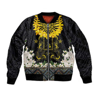 Flores de Mayo and Filipino Fiesta Sleeve Zip Bomber Jacket The Sun-Jasmine and Polynesian Yakan Tattoo Barong Style LT03 Unisex Black - Polynesian Pride