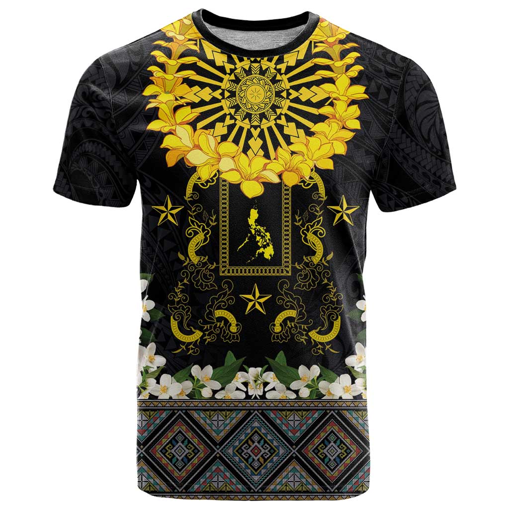 Flores de Mayo and Filipino Fiesta T Shirt The Sun-Jasmine and Polynesian Yakan Tattoo Barong Style LT03 Black - Polynesian Pride