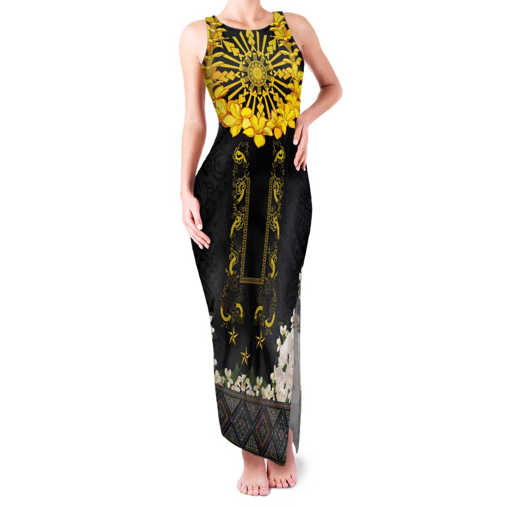 Flores de Mayo and Filipino Fiesta Tank Maxi Dress The Sun-Jasmine and Polynesian Yakan Tattoo Barong Style LT03 Women Black - Polynesian Pride