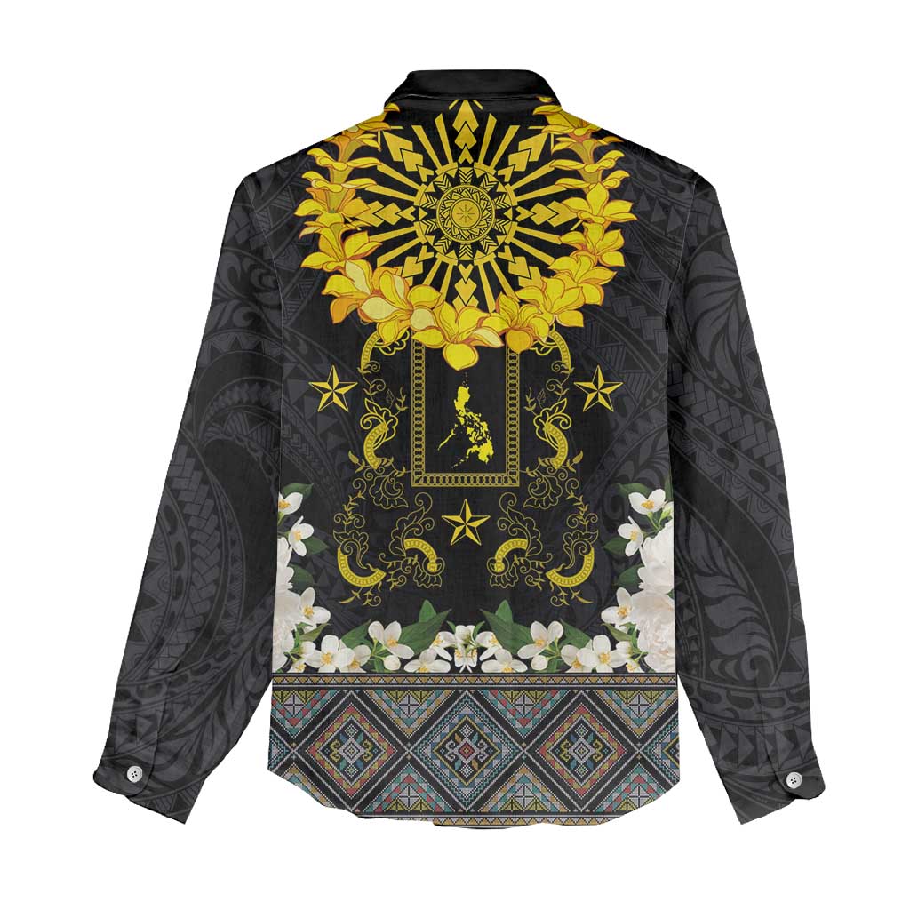 Flores de Mayo and Filipino Fiesta Women Casual Shirt The Sun-Jasmine and Polynesian Yakan Tattoo Barong Style LT03 - Polynesian Pride