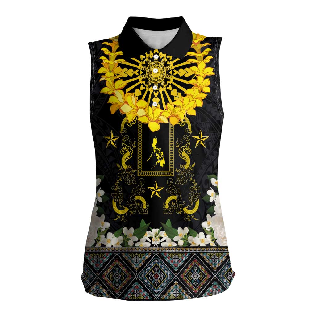 Flores de Mayo and Filipino Fiesta Women Sleeveless Polo Shirt The Sun-Jasmine and Polynesian Yakan Tattoo Barong Style LT03 Female Black - Polynesian Pride