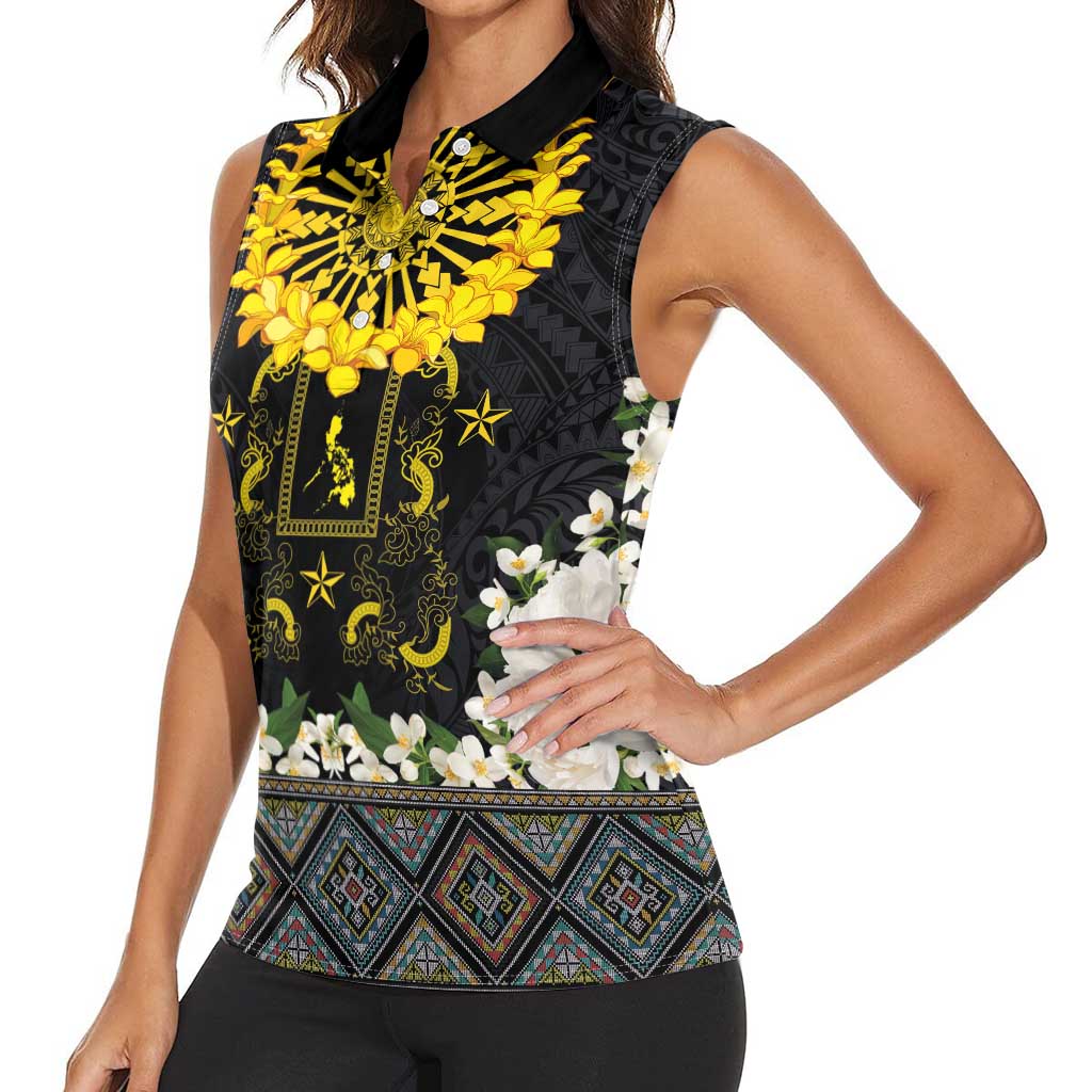 Flores de Mayo and Filipino Fiesta Women Sleeveless Polo Shirt The Sun-Jasmine and Polynesian Yakan Tattoo Barong Style LT03 - Polynesian Pride