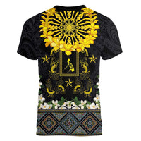 Flores de Mayo and Filipino Fiesta Women V-Neck T-Shirt The Sun-Jasmine and Polynesian Yakan Tattoo Barong Style LT03 - Polynesian Pride