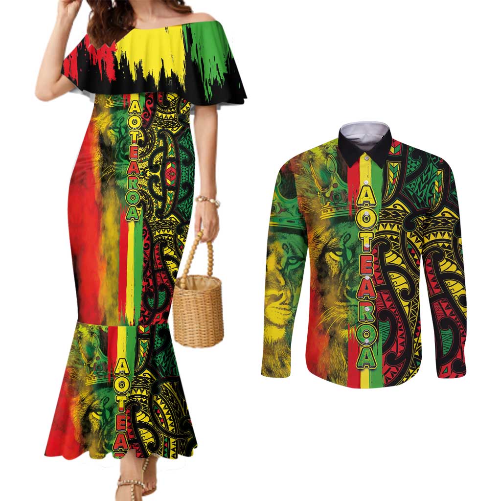 Aotearoa Reggae Couples Matching Mermaid Dress and Long Sleeve Button Shirt Maori Reggae-One Love LT03 Reggae - Polynesian Pride