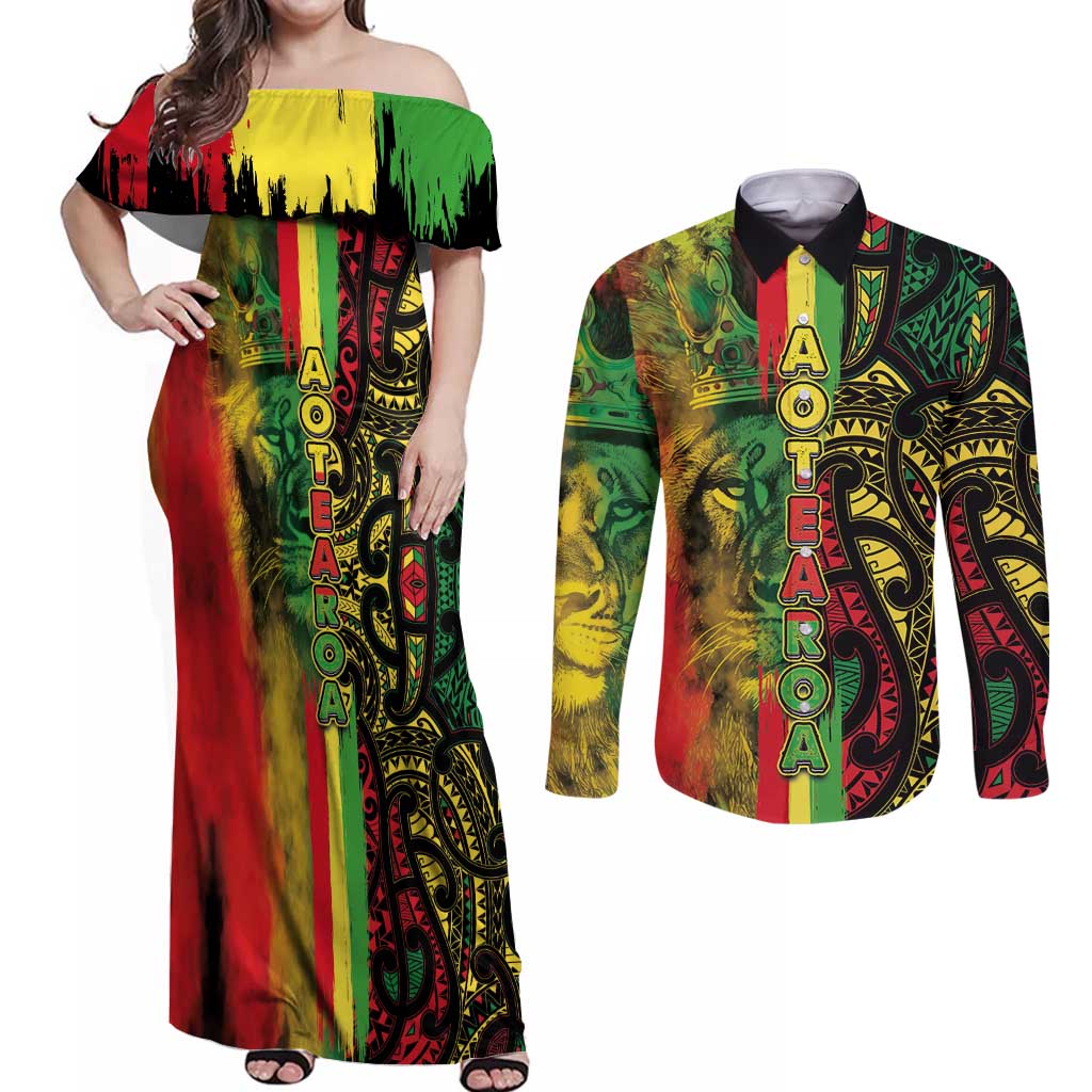 Aotearoa Reggae Couples Matching Off Shoulder Maxi Dress and Long Sleeve Button Shirt Maori Reggae-One Love LT03 Reggae - Polynesian Pride